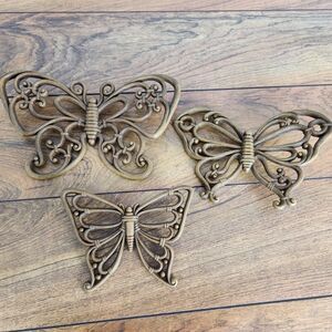 Vintage Set of 3 Dart 1970's MCM Brown Wood look Butterfly Wall Hanging Decor